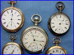 Assorted Lot (5) Pocket Watches For Repair Or Parts Waltham, Elgin, Illinois