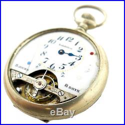 Exhibition 8 Jours 8 Days White Dial Steel Pocket Watch For Parts Or Repairs