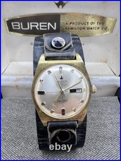 MENS VINTAGE 1960'S BUREN SWISS WATCH DAY DATE BRUSHED GOLD PLATE Parts Repair