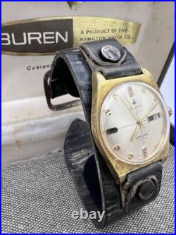 MENS VINTAGE 1960'S BUREN SWISS WATCH DAY DATE BRUSHED GOLD PLATE Parts Repair
