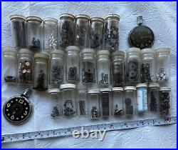Old Rare Vintage Watch Repair Parts And Two Vintage Pocket Watches In Glass Min
