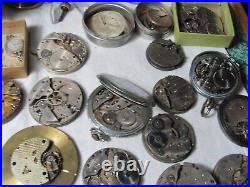 Pocket watch movements & parts for repair or tramp art/about 45 items/some comp