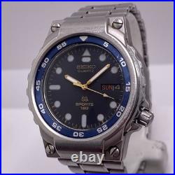 Seiko Sports SQ 150 Blue Quart Watch For Parts Repair Mens Silver Watch