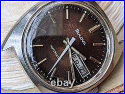 Vintage 1977 Bulova Day-Date Watch withBrowning Dial, Runs Strong FOR PARTS/REPAIR