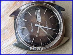 Vintage 1977 Bulova Day-Date Watch withBrowning Dial, Runs Strong FOR PARTS/REPAIR