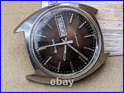 Vintage 1977 Bulova Day-Date Watch withBrowning Dial, Runs Strong FOR PARTS/REPAIR