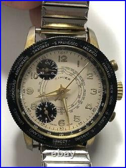 Vintage CIMIER Sport World Time Chronograph Watch Swiss Panda For Repair / Parts