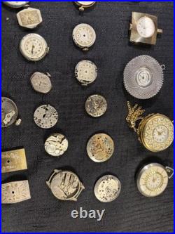 Vintage WatchMaker Repair Lot 23 Swiss Movements & 9 Assorted Watch DialsScrap