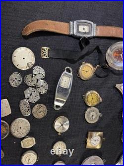 Vintage WatchMaker Repair Lot 23 Swiss Movements & 9 Assorted Watch DialsScrap