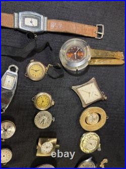 Vintage WatchMaker Repair Lot 23 Swiss Movements & 9 Assorted Watch DialsScrap