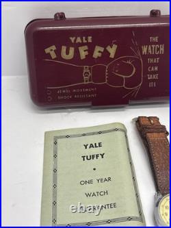 Vintage Yale Tuffy Watch, Leather Band, Swiss Made Original Case Parts Or Repair