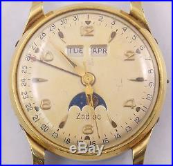 Vintage Zodiac Triple Date Moonphase Gold Plated Watch For Parts/Repair (#3089)