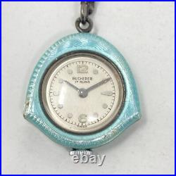 Vtg Bucherer Pendant Pin Watch Blue Guilloche FOR PARTS REPAIR Manual Wind Up